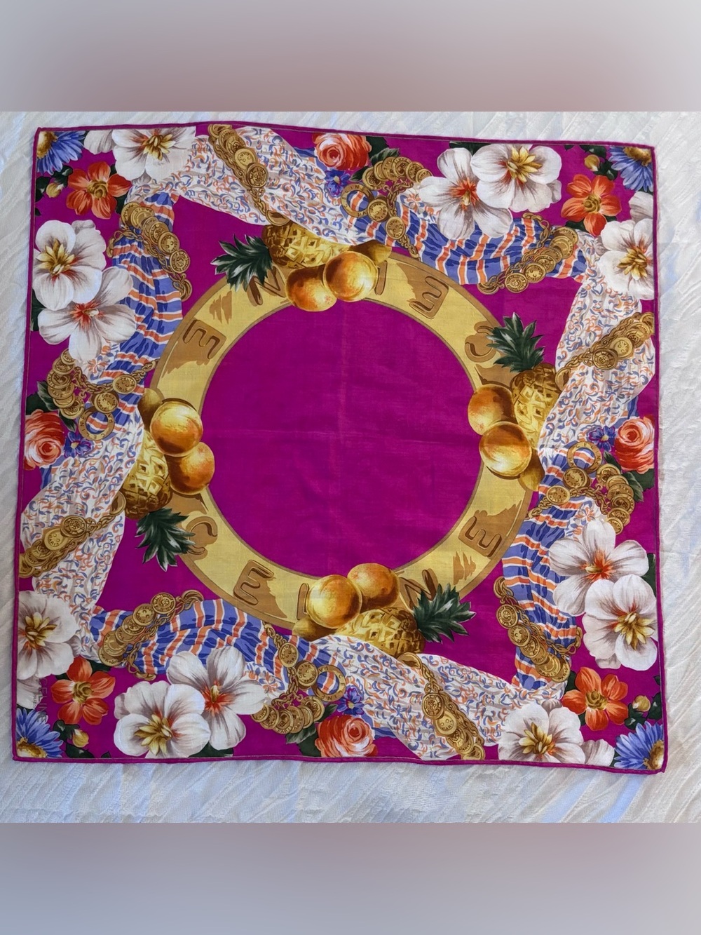 Vibrant Fuchsia Tropical Print Scarf with Gold Accents